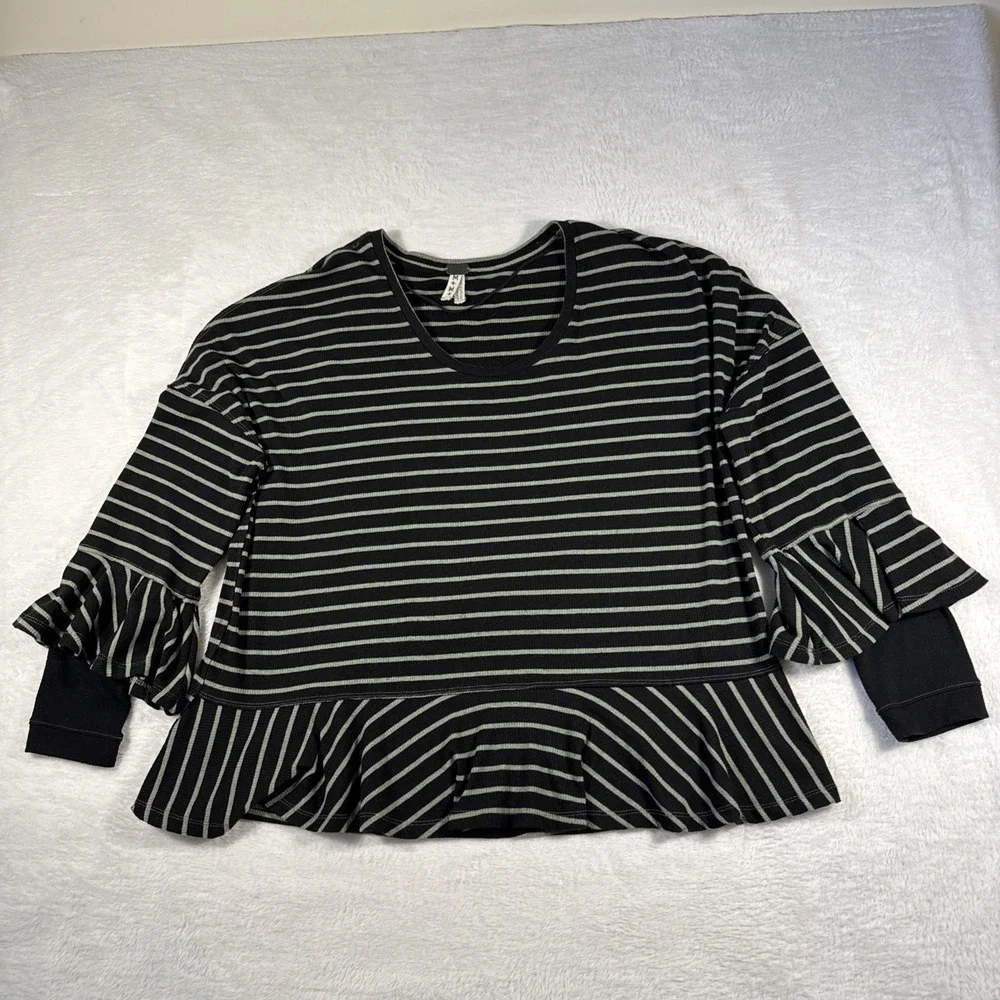 Free People We The‎ Free Medium Black Green Striped Boho Stretch Top